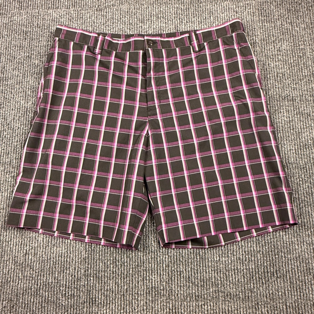 Adidas Mens Size 40 Plaid Golf Shorts Black Purple White Flat Front